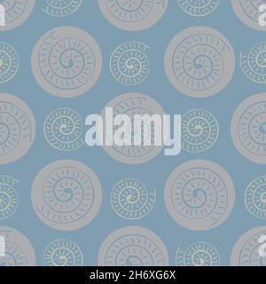 Ammonit Vektor nahtlose Muster Hintergrund. Handgezogener, spiralförmiger, gerippter Schalenkopf, fossil. Hintergrund: Pastellblau-rosa. Ausgestorbene alte Marine Stock Vektor