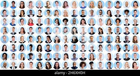 People Headshot Face Collage. Verschiedene Avatare Auf Blauem Hintergrund Stockfoto