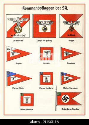 Nazi-Insignien Abbildungsplatte aus dem offiziellen NS-Parteihandbuch 1936, mit Struktur, Fahnen, Bannern, Dienstgraden, Uniformen, etc.: Kommandoflaggen der Sturmabteilung (SA) Stabschef (Stabschef) SA.-Standarte (Regiment) etc. Die Sturmabteilung (SA, 'Brownshirts', Braunhemden) war von 1921 bis zum Sturz Nazi-Deutschlands im Jahr 1945 Sturmtruppen und ursprünglicher paramilitärischer Flügel der Nazi-Partei. Die Uniformen und Insignien der SA waren paramilitärische Reihen der Nazi-Partei und Uniformen, die von SA-Sturmtruppen verwendet wurden. Stockfoto