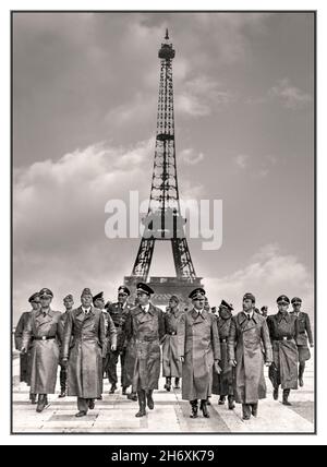 ADOLF HITLER PARIS 1940 EIFFEL TOWER BESETZUNG PROPAGANDA Zweiten Weltkrieg 1939-45 nach der Besetzung Frankreichs durch die deutsche Nazi-Wehrmacht im Juni 1940 besucht Adolf Hitler Paris. Adolf Hitler mit führenden Nazi-Militärs nach dem Besuch des Eiffelturms. Von links nach rechts: SS-Gruppenführer Wolff, dahinter Generalfeldmarschall Wilhelm Keitel, SA-Gruppenführer Wilhelm Brückner, Reichsminister Albert Speer, Adolf Hitler, dahinter Reichsminister Martin Bormann, Reichspressechef Otto Dietrich. Foto von Heinrich Hoffmann Stockfoto