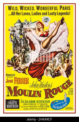 Moulin Rouge 1950s Vintage Film Filmposter ist ein britischer Drama-Film von John Huston aus dem Jahr 1952, der von John und James Woolf für ihre Romulus Films Company produziert und von United Artists veröffentlicht wurde. Der Film wird Ende des 19th. Jahrhunderts in Paris gedreht und folgt dem Künstler Henri de Toulouse-Lautrec in der böhmischen Subkultur der Stadt im Moulin Rouge. Das Drehbuch ist von Huston, basierend auf dem Roman von Pierre La Mure aus dem Jahr 1950. Die Kinematographie wurde von Oswald Morris gemacht. Dieser Film wurde 14th beim Internationalen Filmfestival in Venedig gezeigt, wo er den Silbernen Löwen gewann. Stockfoto