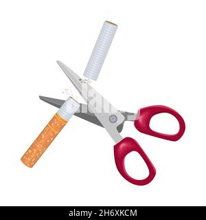 Eine Schere schneidet eine Zigarette isoliert auf weißem Hintergrund. Rauchverbot. Welt kein Tabak Tag.Schere Schneiden und zerkleinern Tabakzigarette.Quit smoki Stock Vektor
