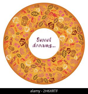 Set von handbemalten Doodle-Ikonen mit Lebensmitteln, Eis, Muffins, Süßigkeiten, Früchten. Gefüllt in Form von Donut-Ring Text Süße Träume Stock Vektor
