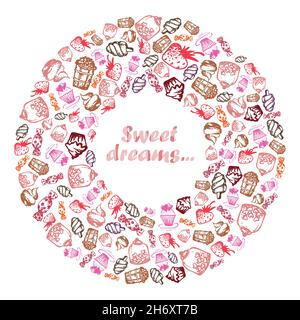 Set von handbemalten Doodle-Ikonen mit Lebensmitteln, Eis, Muffins, Süßigkeiten, Früchten. Gefüllt in Form von Donut-Ring Text Süße Träume Stock Vektor