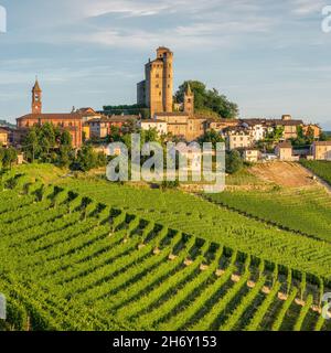 Das schöne Dorf Serralunga d'Alba und seine Weinberge in der Langhe Region Piemont, Italien. Stockfoto