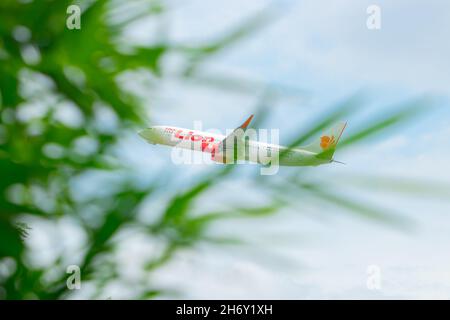 Thailand, Ching Mai, 14. August 2018, Airbus A320-251N-Flugzeuge starten vom Flughafen Chiang Mai Flugzeug am blauen Himmel mit Wolken. Stockfoto