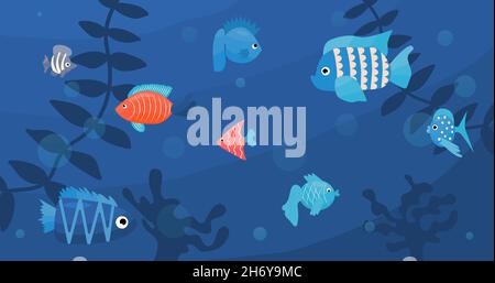 Unterwasserwelt. Vektorgrafik mit Korallenriff, Fischschule. Unterwasserwelt. Panoramasicht auf die Meereslandschaft Stock Vektor