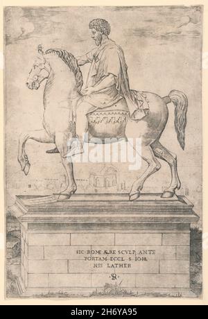 Reiterstatue des römischen Kaiser und stoischen Philosophen Marcus Aurelius in Seitenansicht auf einem Sockel, Druck von Marco Dente, italienisch, ca. 1525 Stockfoto