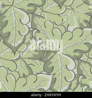 Stilisierte Eichenblatt Vektor nahtlose Muster Hintergrund. Pastell Salbeigrün überlappende, handgezeichnete Blätter im Kunsthandwerk-Stil. Elegantes botanisches Design Stock Vektor