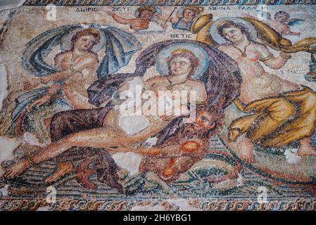 Teil eines römischen Mosaiks im Haus von Aion in Nea Paphos, Zypern Stockfoto