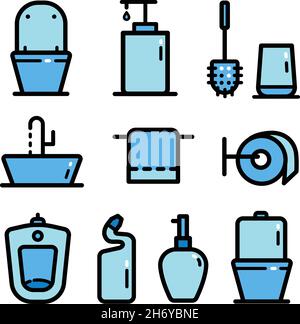 Satz von Sanitärikonen wie Toilette, Handtuch, Toilette, Urinal, Toilettenpapier, toilettenbürste etc. Vektor-Farbe Illustration isoliert auf weißem Hintergrund. Stock Vektor