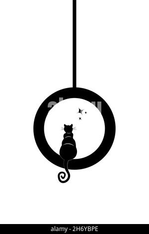 Schwarze Katze mit lockigen Schwanz sitzt auf der Schaukel Blick auf die Sterne, Logo Tier Tattoo, Vektor-Illustration auf weißem Hintergrund Stock Vektor