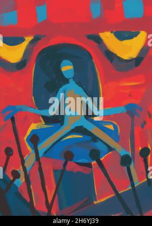 Hübscher Kerl in einem Mekka-geführten Armaturenbrett, dem Zimmer und rot mit riesigen Augen, Illustration, Grunge-Kunst und Graffiti-Malerei. Ästhetische Acrylmalerei mit Stockfoto