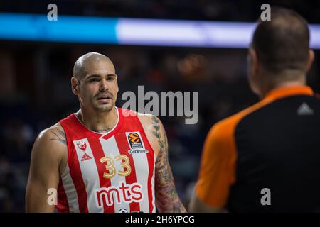 Madrid, Madrid, Spanien. November 2021. Maik Zirbes beim Real Madrid-Sieg über Crvena Zvezad MTS Belgrade (79 - 67) in der regulären Saison der Turkish Airlines Euroleague (Runde 11), die im Wizink Center in Madrid (Spanien) gefeiert wurde. November 2021. (Bild: © Juan Carlos GarcÃ-A Mate/Pacific Press via ZUMA Press Wire) Stockfoto