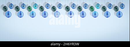 Hängende Weihnachten Dekoration Spiral Kugeln Überschrift Banner mit Kopierer Platz, frohe Feiertage 3D-Illustration Stockfoto