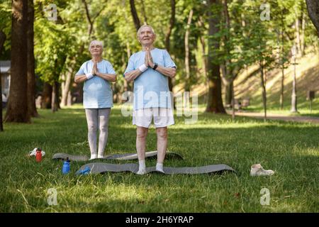 Positive ältere Männer und Frauen machen Yoga und meditieren über grünes Feld Stockfoto