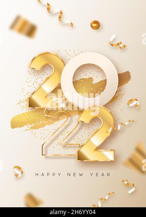 Frohes neues Jahr 2022 Grußkarte Illustration. Realistisches 3d Gold Zahl Datum Zeichen auf weißem Hintergrund mit goldenen Party Konfetti und Glitter. Luxus Stock Vektor