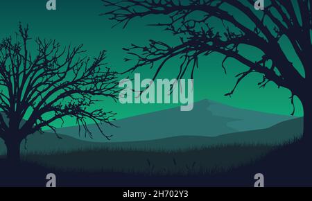 Fantastische Aussicht auf die Berge mit trockenen Baumsilhouetten in der Nacht von der Landschaft. Vektordarstellung einer Stadt Stock Vektor