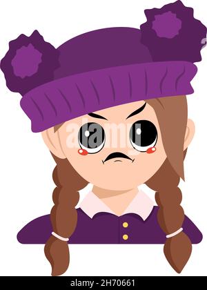 Avatar eines Mädchens mit wütenden Emotionen, mürrem Gesicht, wütenden Augen in purpurem Hut mit Pompon. Kopf des Kindes mit wütendem Ausdruck Stock Vektor