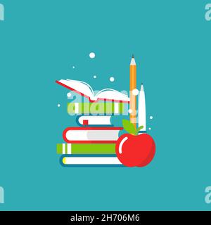Stapel von Büchern, Stift, Bleistift und Apfel auf blauem Hintergrund. Vektor flach horizontale Illustration. Lese-und Lernkraft-Logo. Fantasie und Einfallsreichtum Stock Vektor