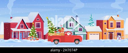 Weihnachtskarte Design von Auto mit Baum auf der Oberseite Stock Vektor