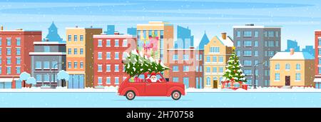 Weihnachtskarte Design von Auto mit Baum auf der Oberseite Stock Vektor