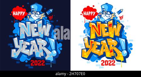 Zwei Isolierte Abstrakte Banner Frohes Neues Jahr 2022 Mit Hiphop Weihnachtsmann In Graffiti-Stil Schriftart Schriftzug Vektor Illustration Art Stock Vektor