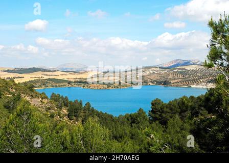 Erhöhter Blick über die Baumwipfel in Richtung Guadalhorce See und Berge, Ardales, Provinz Malaga, Andalusien, Spanien, Westeuropa Stockfoto