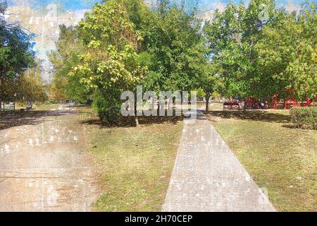 Leerer Sommer City Park. Kinderspielplatz im Schatten der Bäume. Sonniger Tag. Digitale Aquarellmalerei. Stockfoto