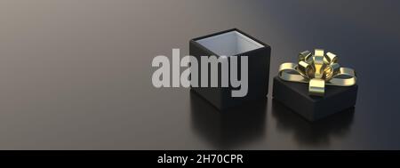 Geschenk schwarz offen mit goldenem Band Schleife, Black Friday Shopping Verkauf minimal Design-Konzept. Winter-Saison-Angebot Vorlage, Raum, 3D illustrat Stockfoto