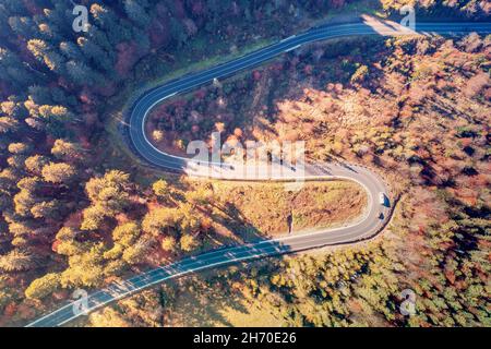 Luftaufnahme von Haarnadelkurven auf einer Bergstraße im Herbst. Schöne Landschaft der Karpaten. Ukraine, Europa Stockfoto