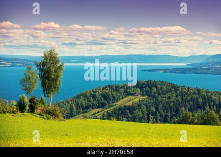 Blick auf einen schönen See Mjosa in der Stadt Gjovik im Sommer. Norwegen, Europa Stockfoto