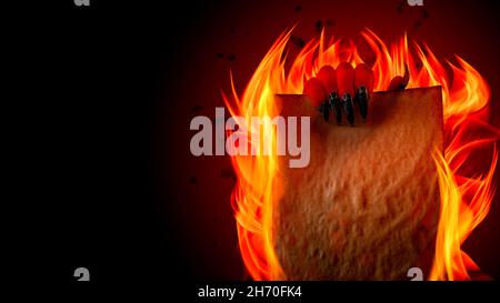 Pakt, um Ihre Seele an Luzifer zu verkaufen, schlagen eine Faustian Schnäppchen oder befassen sich mit dem Teufel Konzept Thema mit Satan hält in gruseligen hässlichen roten Hand mit poin Stockfoto