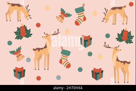 Weihnachts-Set mit niedlichen Hirsch, Geschenke. Festlicher Hintergrund Stock Vektor