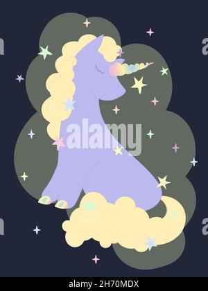 Kinder-Märchen-Einhorn unter den Sternen. Babyzimmerposter Stock Vektor