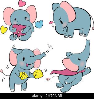 Emotionales Sticker-Set mit niedlichem Elefant. Kawaii-Stil. Cartoon Emoji Aufkleber mit Elefanten in verschiedenen Stimmungen. Vektorgrafik. Stock Vektor