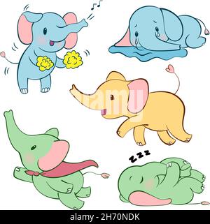 Emotionales Sticker-Set mit niedlichem Elefant in verschiedenen Farben. Kawaii-Stil. Cartoon Emoji Aufkleber mit Elefanten in verschiedenen Stimmungen. Vektorgrafik Stock Vektor