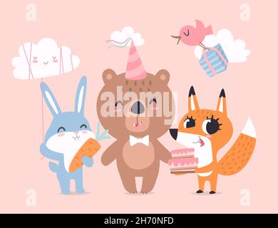 Lustige und niedliche Babytiere zusammen: Bär, Hase und Fuchs mit leckeren Kuchen in Vektor. Rosa Pastell Farbe Cartoon festliche kindliche Karte Hintergrund. Stock Vektor