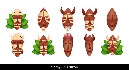 Set afrikanischen Stammes Holzmaske, Totem Gesicht, Ureinwohner Avatar in Cartoon-Stil isoliert auf weißem Hintergrund. Detaillierte Objekte. Vektorgrafik Stock Vektor