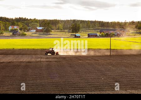 Luftaufnahme des Pflügefeldes des Traktors Stockfoto