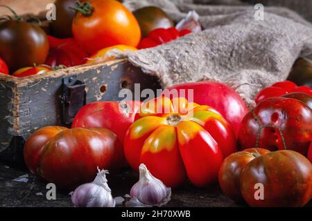 Stillleben in der Küche mit Retro-Objekten, Draufsicht - mehrfarbige Tomaten in verschiedenen Größen und Typen, Knoblauch, Schachtel, Sackleinen. Selektiver Fokus Stockfoto