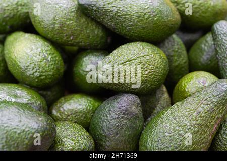 Frische Bio-Avocado in der Box auf dem Bauernmarkt Stockfoto