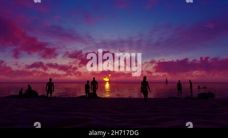 Gruppe von Menschen am Strand auf schönen Sommeruntergang - 3D Abbildung Stockfoto