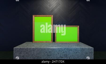 Nahaufnahme von zwei Bilderrahmen auf dem Tisch mit grünem Kopierbereich auf dem Tisch - 3D Abbildung Stockfoto