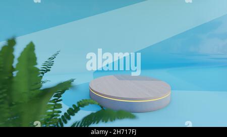 Podium mit weißen Marmorprodukten und Farnblättern. 3D Rendern Stockfoto
