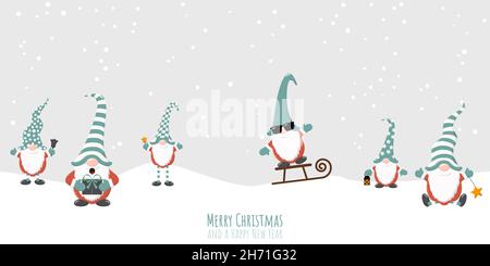 eps-Vektor-Illustration mit weihnachtsgnomen mit verschiedenen Zeichen für Weihnachten und Winterzeit Konzepte, fallende Schneeflocken auf grauem Hintergrund Stock Vektor