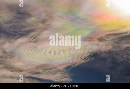 Die Wolkeniriszenz ist ein farbenfrohes Beugungsphänomen, das durch kleine Eiskristalle verursacht wird, die das Licht in dünnen Wolken innerhalb von 10 Grad hin- und herstreuen Stockfoto