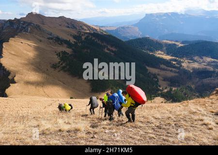 Gruppe von Reisenden mit großen Rucksäcken auf den Bergen. Rückansicht. Stockfoto