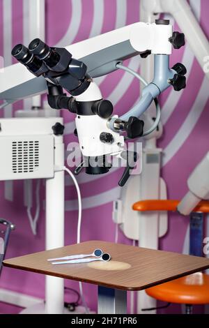 Zahnarztpraxis innen, Mikroskop für die zahnärztliche Behandlung, zahnärztliche Ausrüstung auf einem violetten Hintergrund. Stockfoto