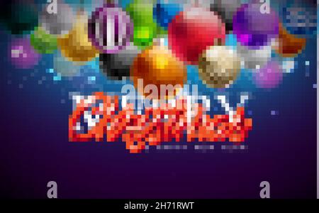 Frohe Weihnachten und ein glückliches neues Jahr Illustration mit bunten Glaskugel und verflochtenen Tube Typography Brief auf glänzend blauem Hintergrund. Vektor Stock Vektor